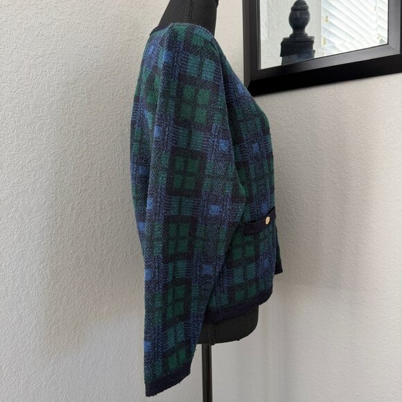 VINTAGE 80s Talbots Tartan Plaid Blue Green Cardigan Sweater Medium - Picture 3 of 12